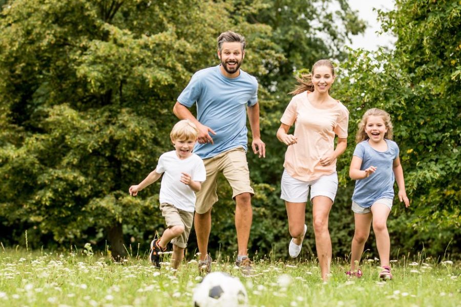 Summer pest Control image of a family playing soccer in the grass.